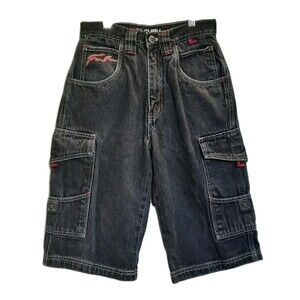 VTG FUBU Baggy Cargo Jorts Black Denim Red Stitch Y2K Streetwear Shorts Boys 8